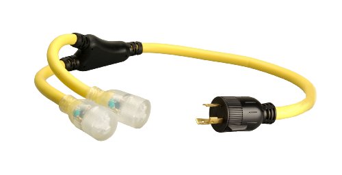 Coleman Cable 01915 3-Foot Generator Power Cord Adapter, 10/3 Splitter Y Adapter, L5-30P to (2) Lighted 5-20R