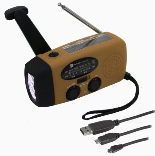 Ambient Weather WR-088 Emergency Solar Hand Crank AM/FM/NOAA Weather Radio, Flashlight, Cell Phone Charger (Desert Tan) with Cables