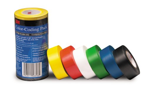 3M 764 General Purpose Vinyl Tape Color Coding Pack, 6 Rolls Per Pack