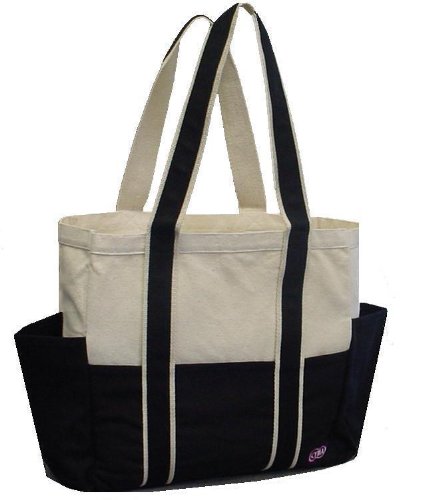 100% Cotton Canvas Shoulder Tote w/ Multiple Pockets, Black, IMPROVED!